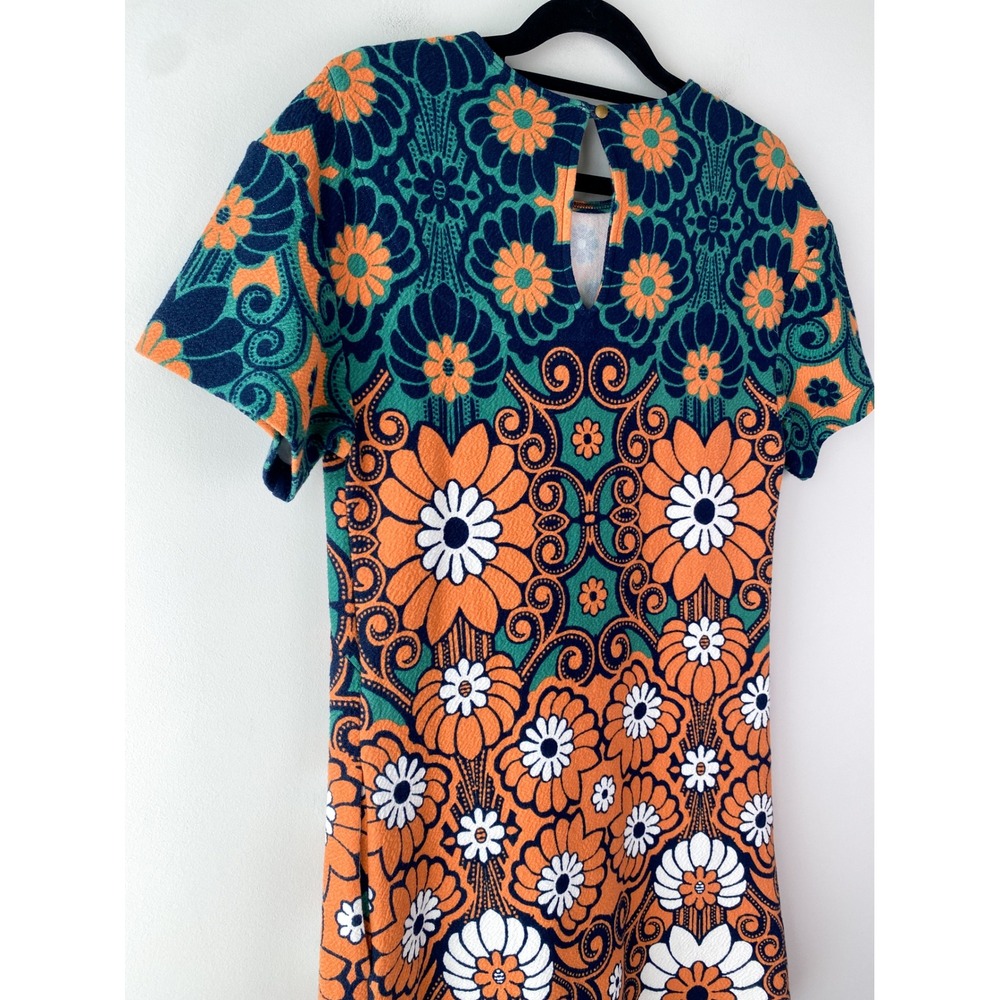 Maeve Anthropologie Floral Shift Mini Dress XS Teal Orange Hippie 70s Retro Mod - Picture 10 of 14